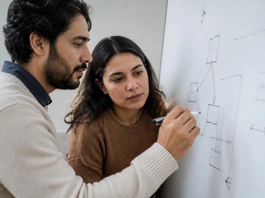 Dois alunos em pé diante do quadro branco, desenhando a ordem de um argumento