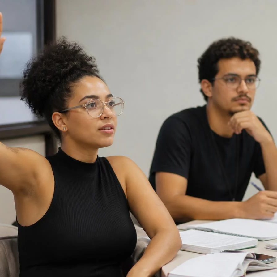 Roda de participantes; um deles repete em voz alta o argumento do colega antes de dar a resposta